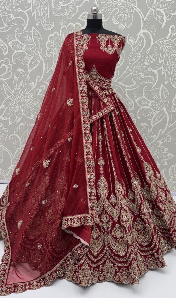 Maroon Silk Bridal Embroidered using Beads, Moti, Cotton Multi-Thread Handwork Semi-Stitched Lehenga Choli